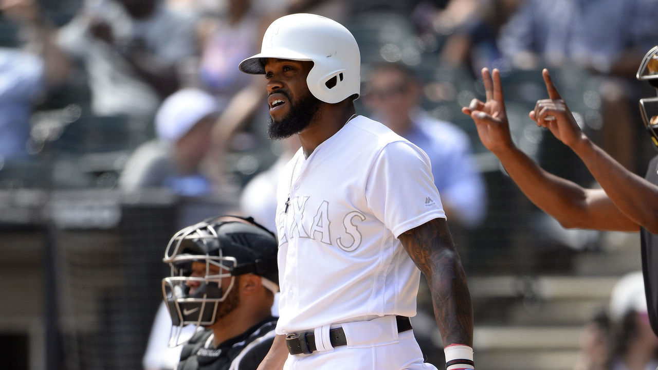 CHICAGO - AUGUST 25: Delino DeShields #3 of the Texas Rangers bats against the Chicago White Sox during Players Weekend on August 25, 2019 at Guaranteed Rate Field in Chicago, Illinois.