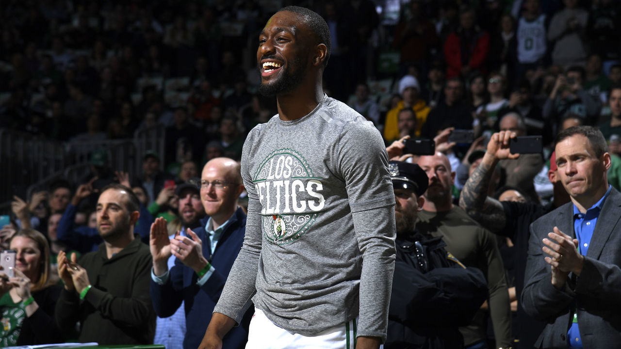 BOSTON, MA - MARCH 6: Kemba Walker #8 of the Boston Celtics smiles during the game against the Utah Jazz on March 6, 2020 at the TD Garden in Boston, Massachusetts. Mandatory Copyright Notice: Copyright 2020 NBAE