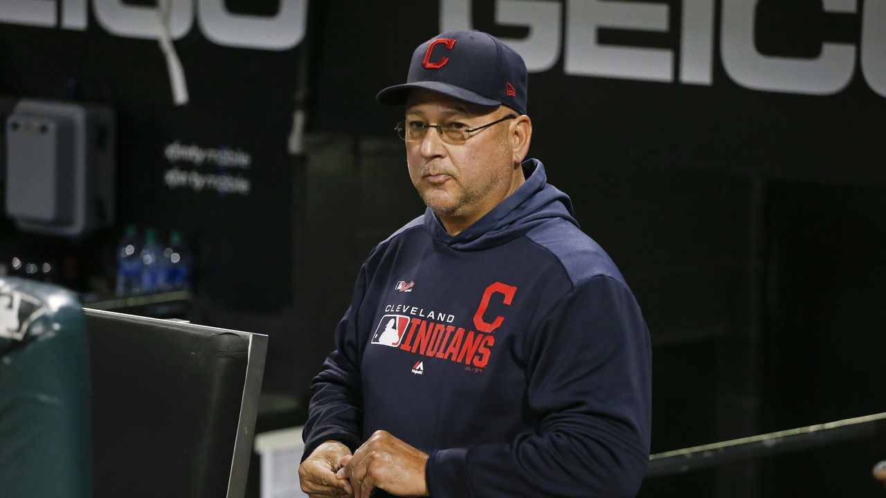 CHICAGO, ILLINOIS - SEPTEMBER 26: Manager Terry Francona #77 of the Cleveland Indians stands in the dugout prior to the game against the Chicago White Sox at Guaranteed Rate Field on September 26, 2019 in Chicago, Illinois.