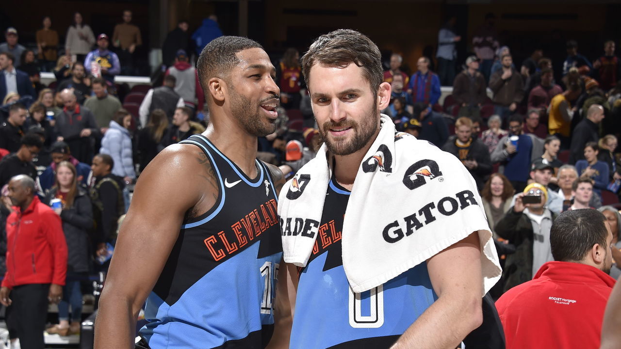 CLEVELAND, OH - DECEMBER 20: Tristan Thompson #13 and Kevin Love #0 of the Cleveland Cavaliers talk after a game against the Memphis Grizzlies on December 20, 2019 at Rocket Mortgage FieldHouse in Cleveland, Ohio. NOTE TO USER: User expressly acknowledges and agrees that, by downloading and/or using this Photograph, user is consenting to the terms and conditions of the Getty Images License Agreement. Mandatory Copyright Notice: Copyright 2019 NBAE