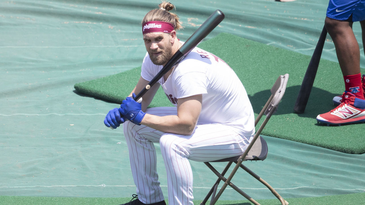 PHILADELPHIA, PA - JULY 03: Bryce Harper #3 of the Philadelphia Phillies looks on during summer workouts at Citizens Bank Park on July 3, 2020 in Philadelphia, Pennsylvania.