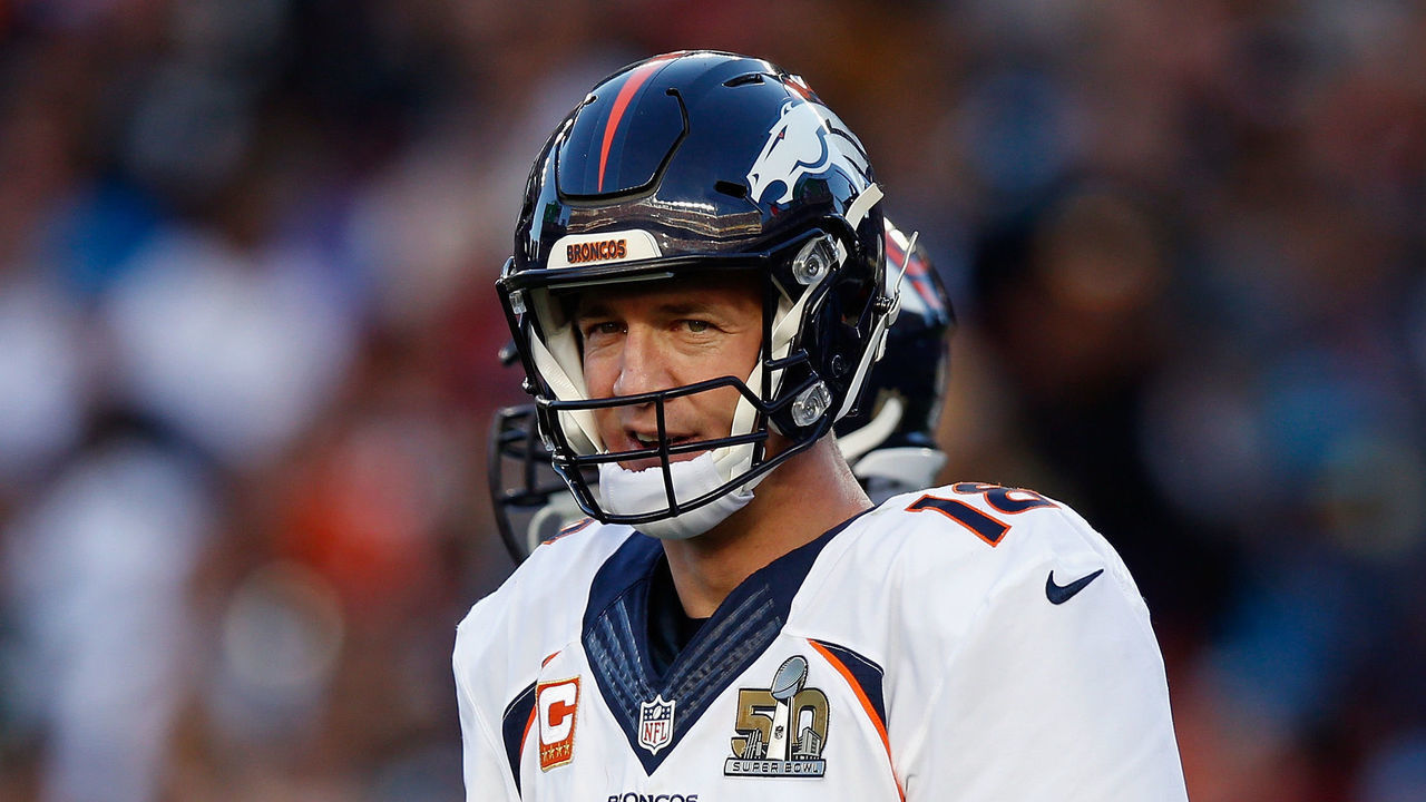 SANTA CLARA, CA - FEBRUARY 07: Quarterback Peyton Manning #18 of the Denver Broncos looks on while playing against the Carolina Panthers during Super Bowl 50 at Levi's Stadium on February 7, 2016 in Santa Clara, California.