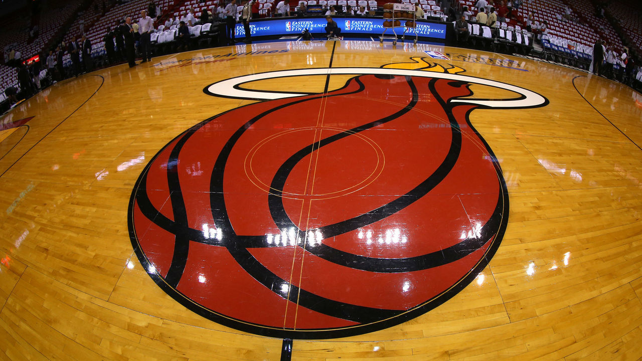 MIAMI, FL - MAY 22: A view of the Miami Heat logo on the court during Game One of the Eastern Conference Finals between the Miami Heat and the Indiana Pacers at AmericanAirlines Arena on May 22, 2013 in Miami, Florida.