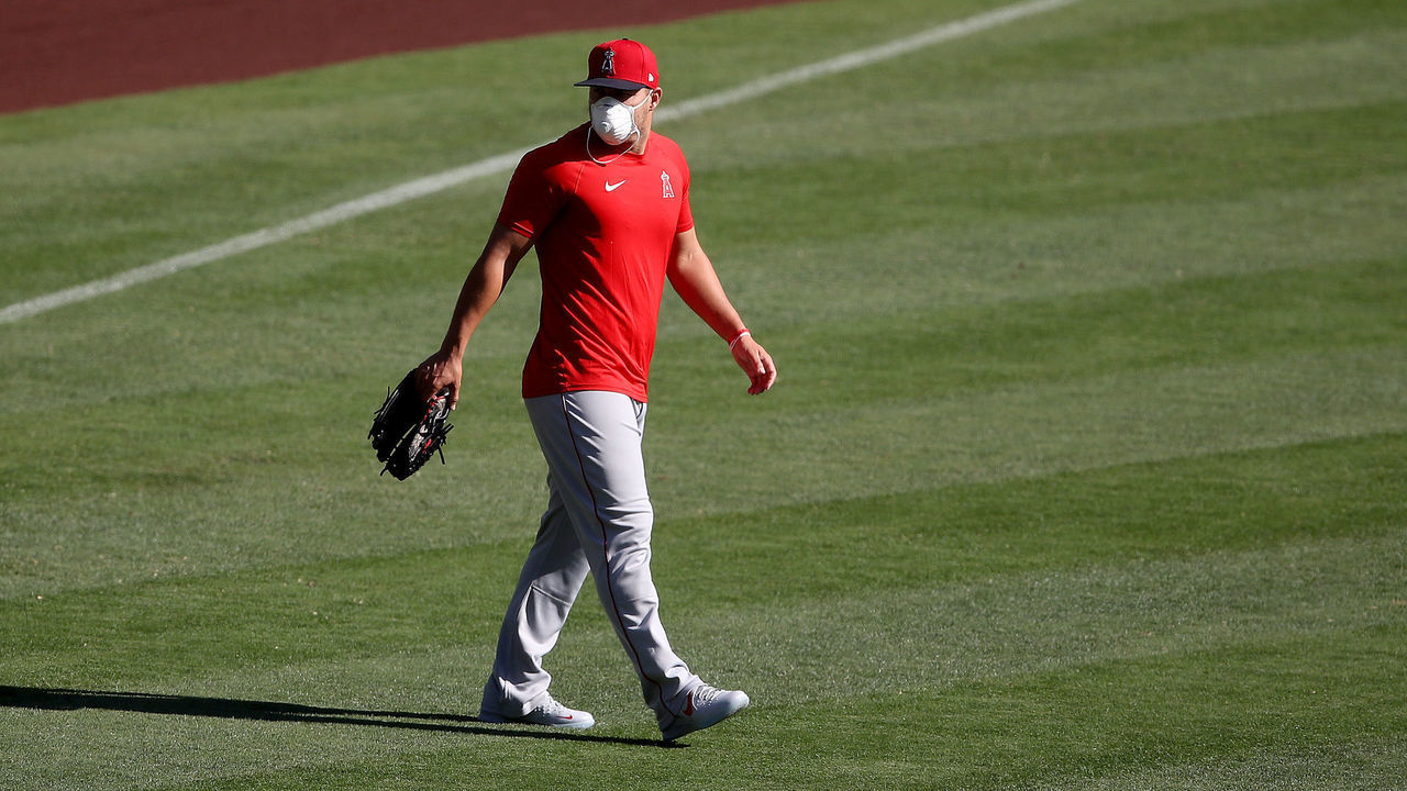 ANAHEIM, CALIFORNIA - JULY 03: Mike Trout #27 of the Los Angeles Angels looks on during their summer workouts at Angel Stadium of Anaheim on July 03, 2020 in Anaheim, California.