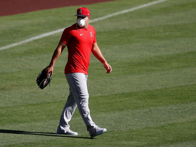 ANAHEIM, CALIFORNIA - JULY 03: Mike Trout #27 of the Los Angeles Angels looks on during their summer workouts at Angel Stadium of Anaheim on July 03, 2020 in Anaheim, California.