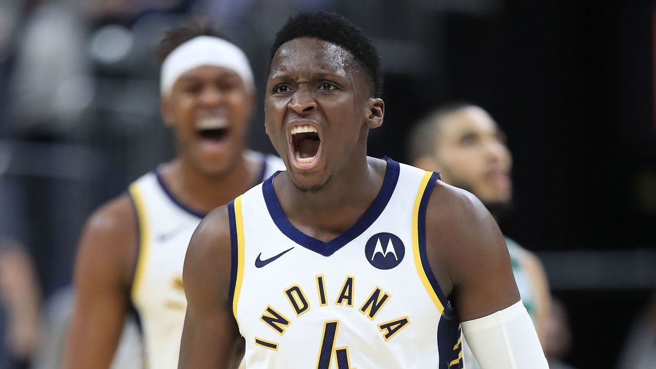 INDIANAPOLIS, INDIANA - MARCH 10: Victor Oladipo #4 of the Indiana Pacers celebrates in the game against the Boston Celtics at Bankers Life Fieldhouse on March 10, 2020 in Indianapolis, Indiana.