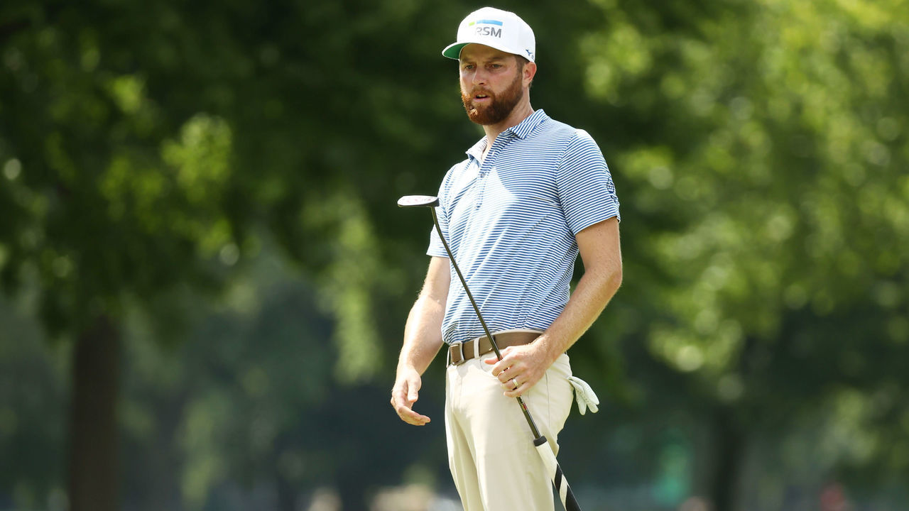 DETROIT, MICHIGAN - JULY 03: Chris Kirk of the United States reacts to a missed birdie putt on the 16th green during the second round of the Rocket Mortgage Classic on July 03, 2020 at the Detroit Golf Club in Detroit, Michigan.