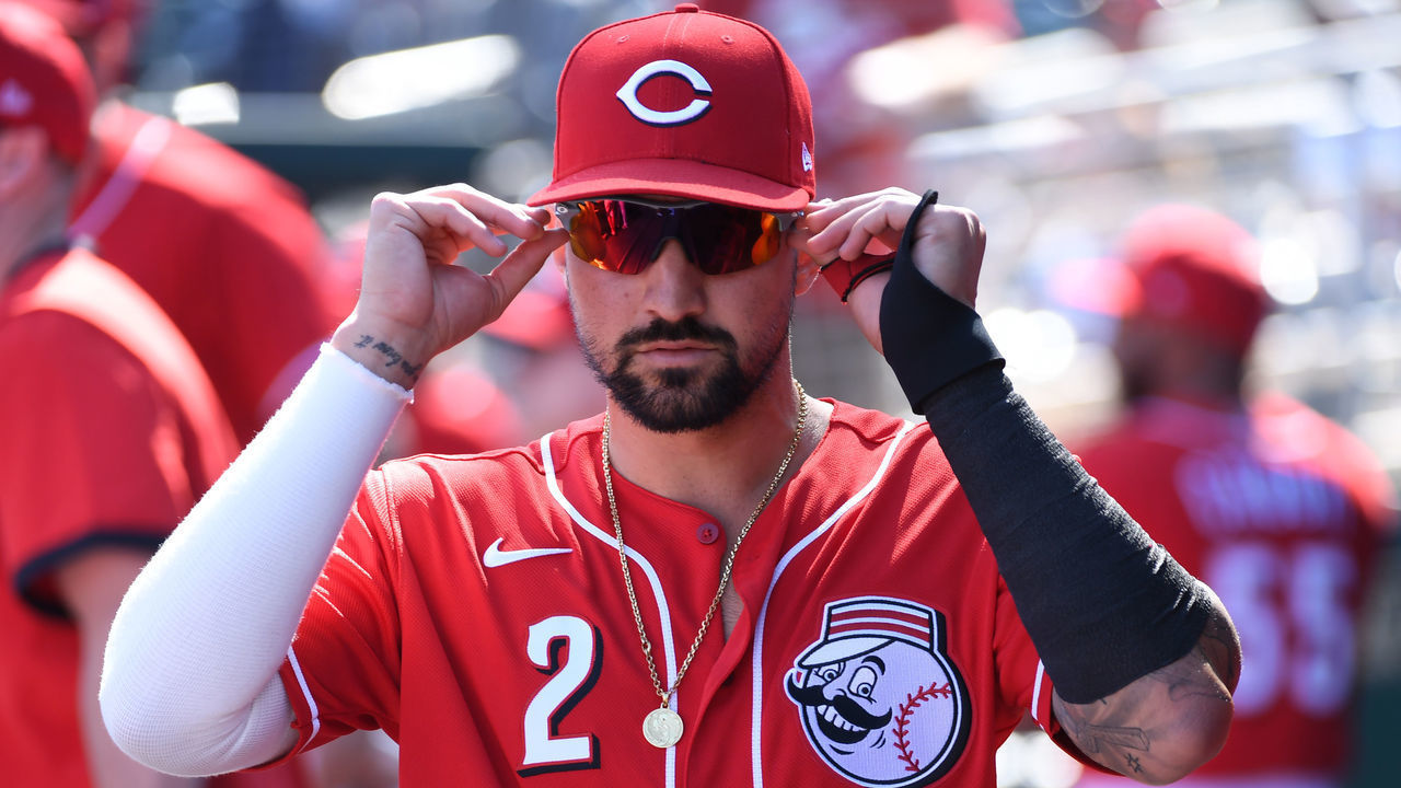 GOODYEAR, ARIZONA - FEBRUARY 24: Nick Castellanos #2 of the Cincinnati Reds prepares for a spring training game against the Texas Rangers at Goodyear Ballpark on February 24, 2020 in Goodyear, Arizona.