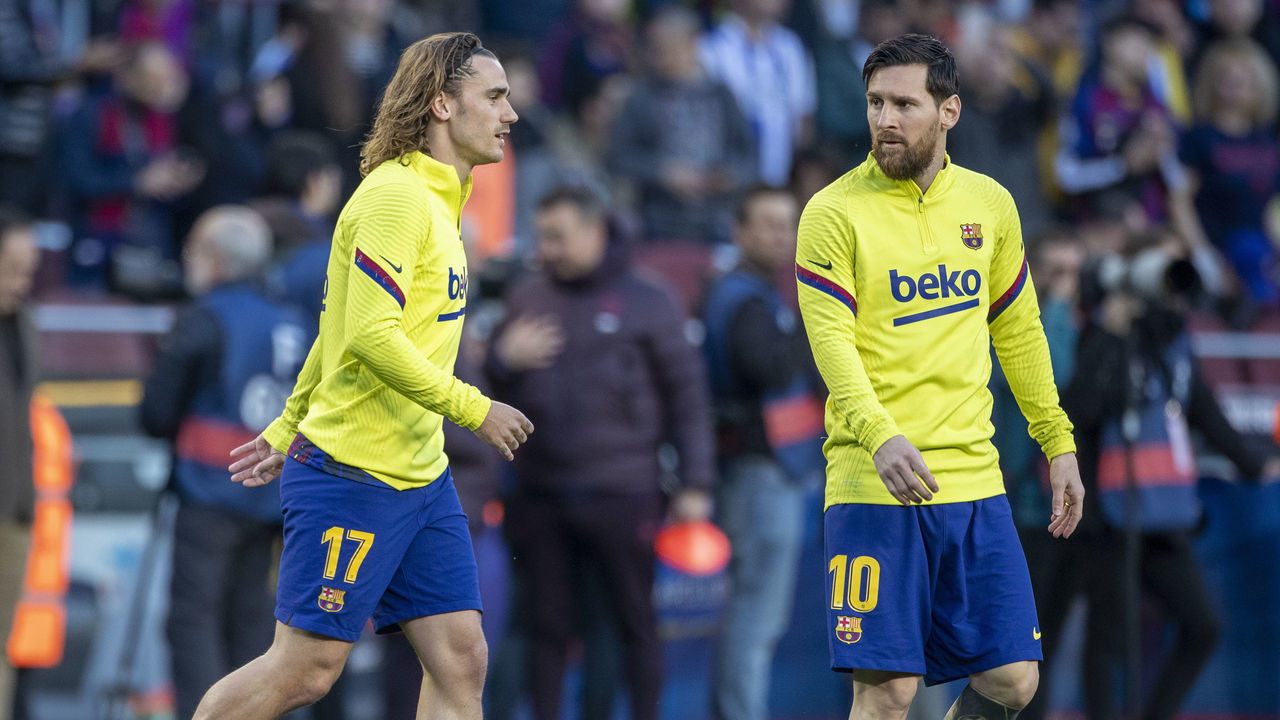 BARCELONA, SPAIN - March 7: Antoine Griezmann #17 of Barcelona and Lionel Messi #10 of Barcelona during team warm up before the Barcelona V Real Sociedad, La Liga regular season match at Estadio Camp Nou on March 7th 2020 in Barcelona, Spain.
