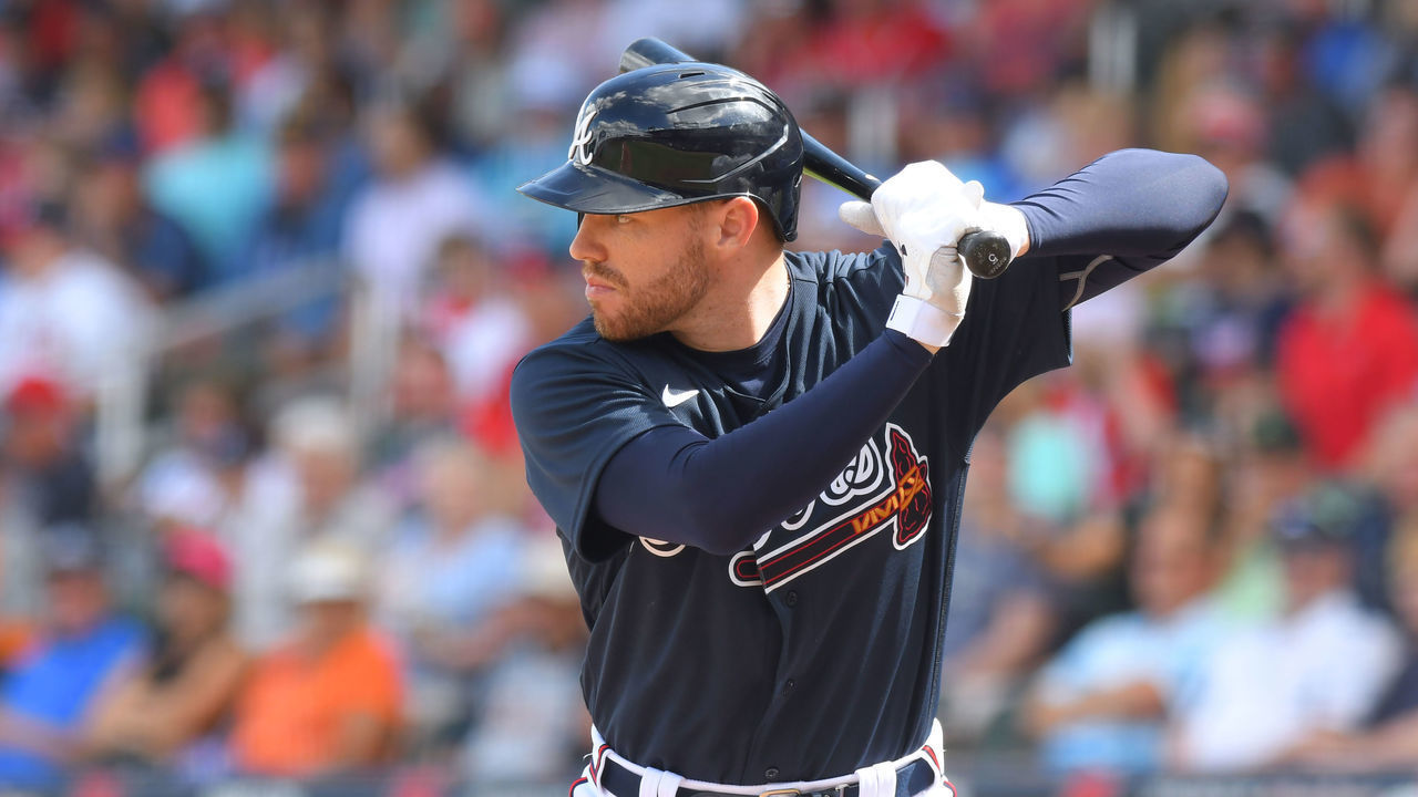NORTH PORT, FL - FEBRUARY 23: Freddie Freeman #5 of the Atlanta Braves bats during the Spring Training game against the Detroit Tigers at CoolToday Park on February 23, 2020 in North Port, Florida. The Tigers defeated the Braves 5-1.
