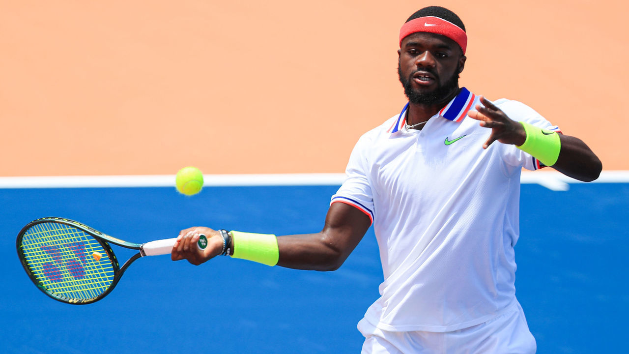 ATLANTA, GA - JULY 3: Frances Tiafoe of the United States returns a ball during the singles match against Sam Querrey of the United States during the DraftKings All-American Team Cup on July 3, 2020 in Atlanta, Georgia.