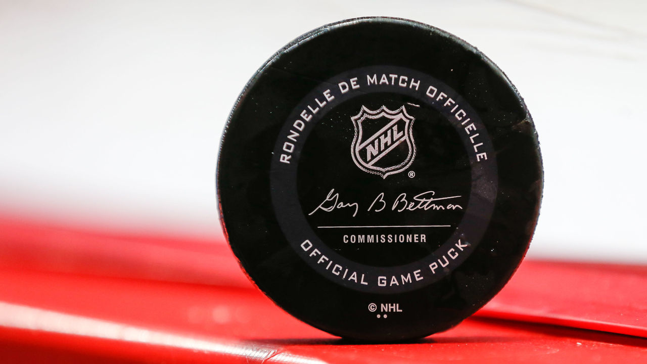 DETROIT, MI - MARCH 10: A general view of a game puck that was hit into the stands is seen during a regular season NHL hockey game between the Carolina Hurricanes and the Detroit Red Wings on March 10, 2020, at Little Caesars Arena in Detroit, Michigan.