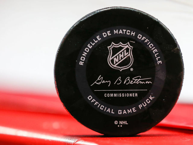 DETROIT, MI - MARCH 10: A general view of a game puck that was hit into the stands is seen during a regular season NHL hockey game between the Carolina Hurricanes and the Detroit Red Wings on March 10, 2020, at Little Caesars Arena in Detroit, Michigan.