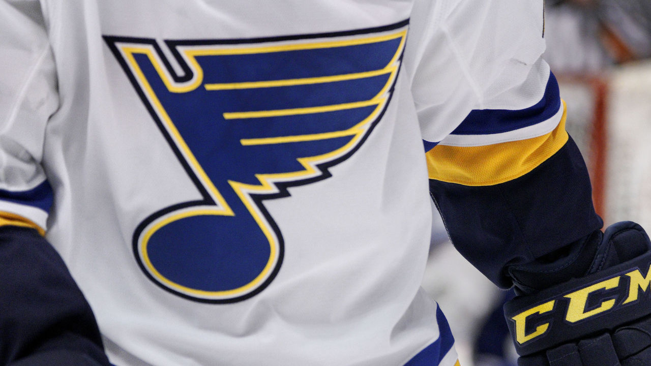 TORONTO, ON - OCTOBER 20: A St. Louis Blues player skates away from the net after a stoppage in play during the regular season NHL game between the St. Louis Blues and Toronto Maple Leafs on October 20, 2018 at Scotiabank Arena in Toronto, ON.