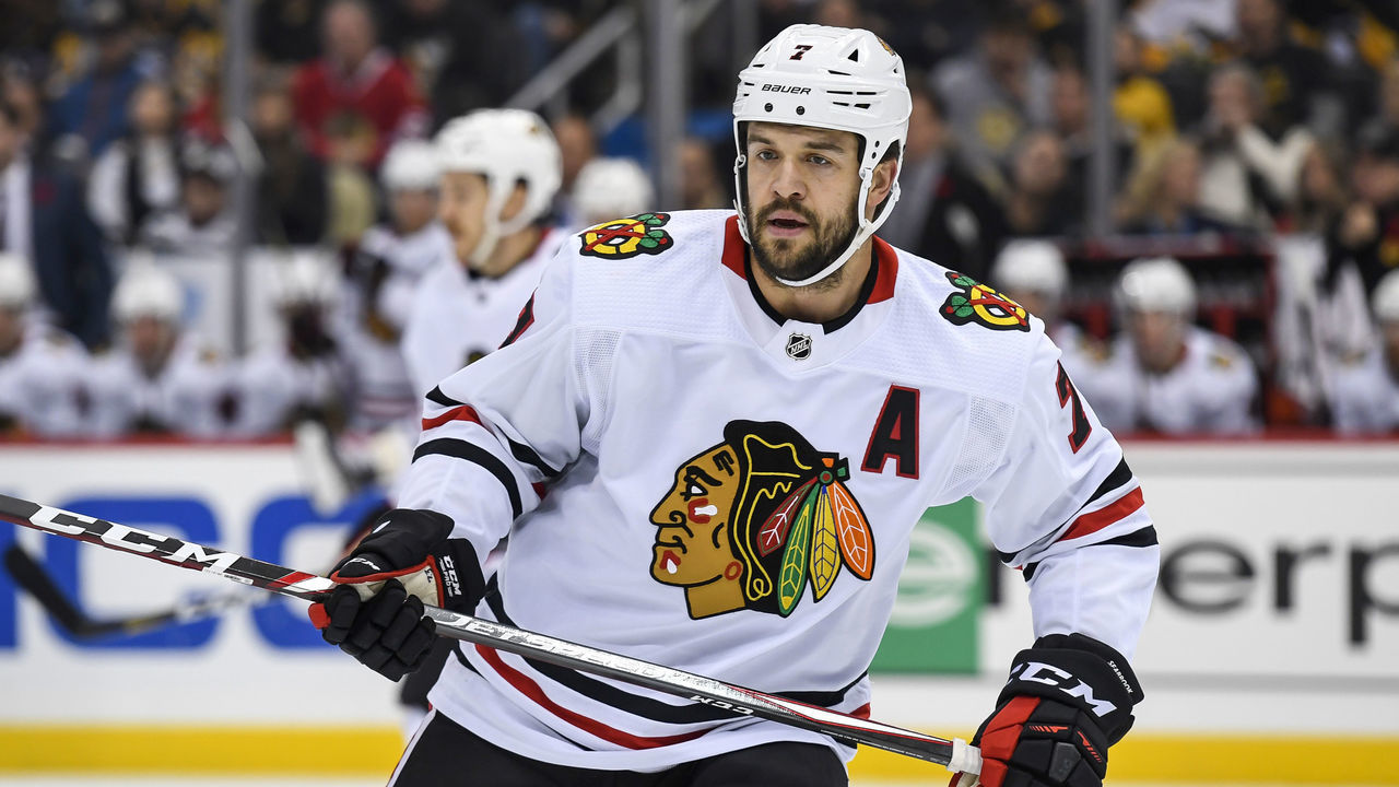 PITTSBURGH, PA - NOVEMBER 09: Chicago Blackhawks Defenseman Brent Seabrook (7) looks on during the first period in the NHL game between the Pittsburgh Penguins and the Chicago Blackhawks on November 9, 2019, at PPG Paints Arena in Pittsburgh, PA.