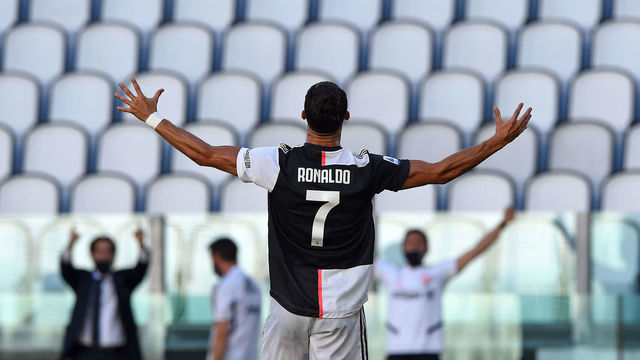 TURIN, ITALY - JULY 04: Cristiano Ronaldo of Juventus celebrates goal from a freekick during the Serie A match between Juventus and Torino FC at Allianz Stadium on July 4, 2020 in Turin, Italy.