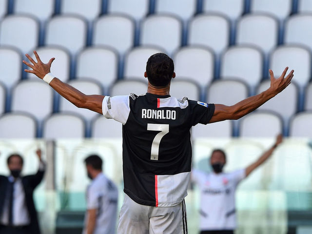 TURIN, ITALY - JULY 04: Cristiano Ronaldo of Juventus celebrates goal from a freekick during the Serie A match between Juventus and Torino FC at Allianz Stadium on July 4, 2020 in Turin, Italy.