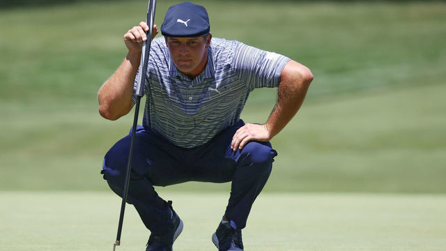 DETROIT, MICHIGAN - JULY 04: Bryson DeChambeau of the United States lines up a putt on the third green during the third round of the Rocket Mortgage Classic on July 04, 2020 at the Detroit Golf Club in Detroit, Michigan.