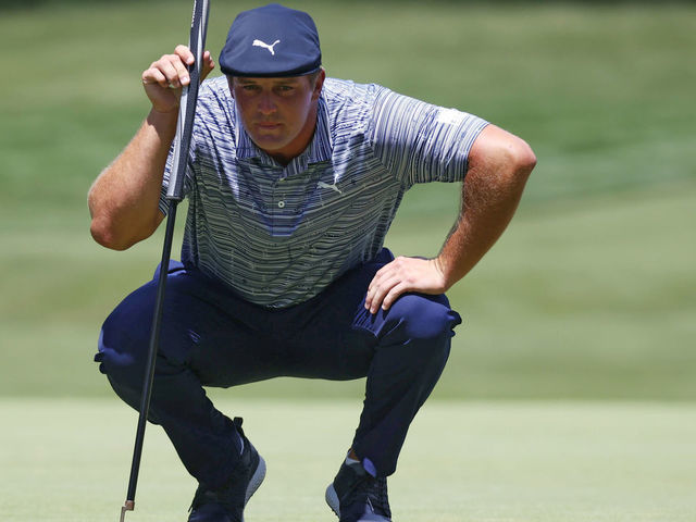 DETROIT, MICHIGAN - JULY 04: Bryson DeChambeau of the United States lines up a putt on the third green during the third round of the Rocket Mortgage Classic on July 04, 2020 at the Detroit Golf Club in Detroit, Michigan.