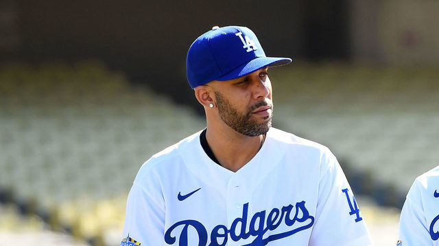 LOS ANGELES, CA - FEBRUARY 12: Mookie Betts #50 and David Price #33 of the Los Angeles Dodgers answer questions during an introductory press conference at Dodger Stadium on February 12, 2020 in Los Angeles, California.