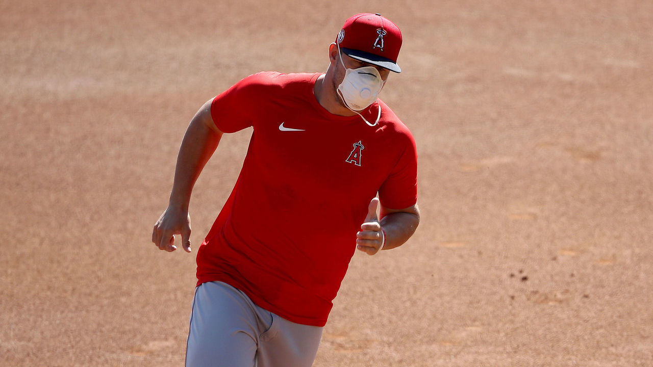 ANAHEIM, CALIFORNIA - JULY 03: Mike Trout #27 of the Los Angeles Angels practices running the bases during their summer workouts at Angel Stadium of Anaheim on July 03, 2020 in Anaheim, California.