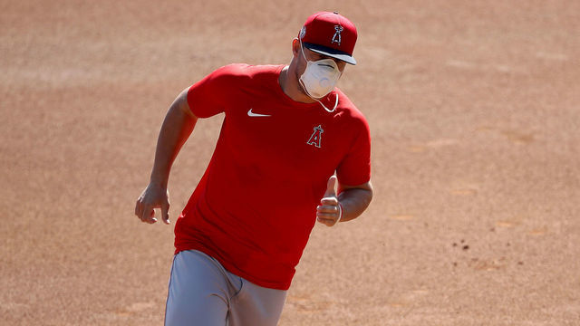 ANAHEIM, CALIFORNIA - JULY 03: Mike Trout #27 of the Los Angeles Angels practices running the bases during their summer workouts at Angel Stadium of Anaheim on July 03, 2020 in Anaheim, California.