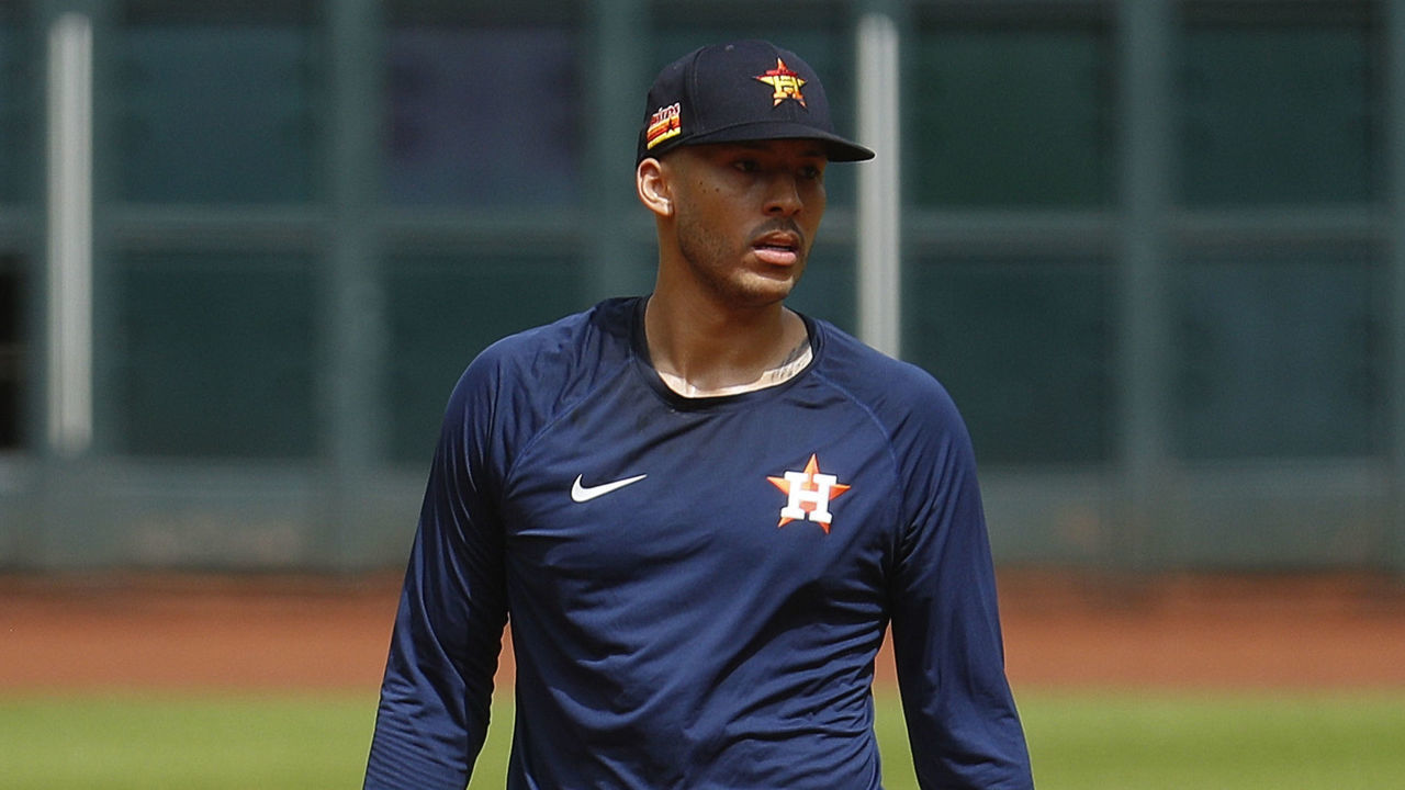 HOUSTON, TEXAS - JULY 03: Carlos Correa #1 of the Houston Astros takes infield practice during the first day of Summer Workouts at Minute Maid Park on July 03, 2020 in Houston, Texas.
