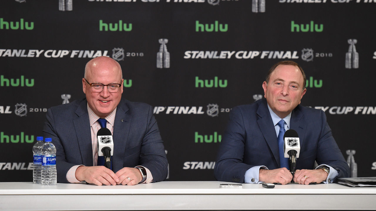 LAS VEGAS, NV - MAY 28: NHL deputy commissioner Bill Daly and NHL commissioner Gary Bettman speak during a press conference prior to game 1 of the Stanley Cup Final between the Washington Capitals and the Las Vegas Golden Knights on May 28, 2018 at T-Mobile Arena in Las Vegas, NV.