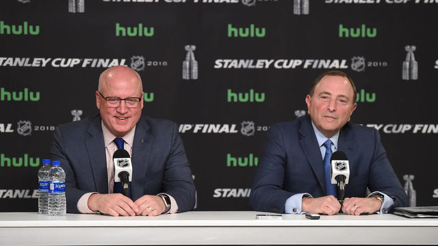 LAS VEGAS, NV - MAY 28: NHL deputy commissioner Bill Daly and NHL commissioner Gary Bettman speak during a press conference prior to game 1 of the Stanley Cup Final between the Washington Capitals and the Las Vegas Golden Knights on May 28, 2018 at T-Mobile Arena in Las Vegas, NV.