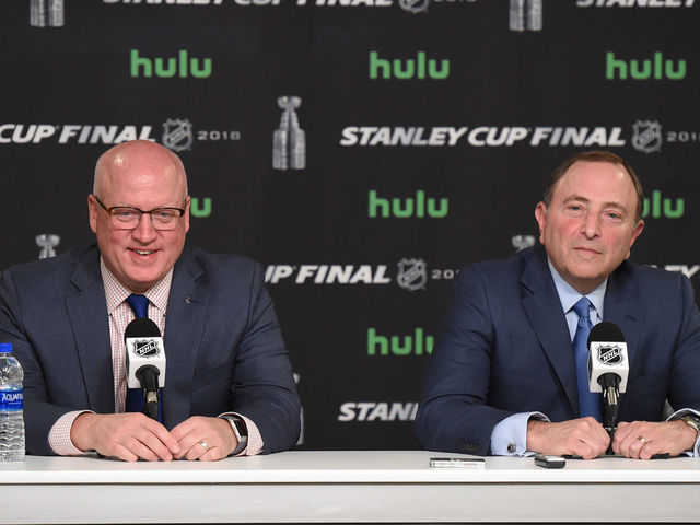 LAS VEGAS, NV - MAY 28: NHL deputy commissioner Bill Daly and NHL commissioner Gary Bettman speak during a press conference prior to game 1 of the Stanley Cup Final between the Washington Capitals and the Las Vegas Golden Knights on May 28, 2018 at T-Mobile Arena in Las Vegas, NV.