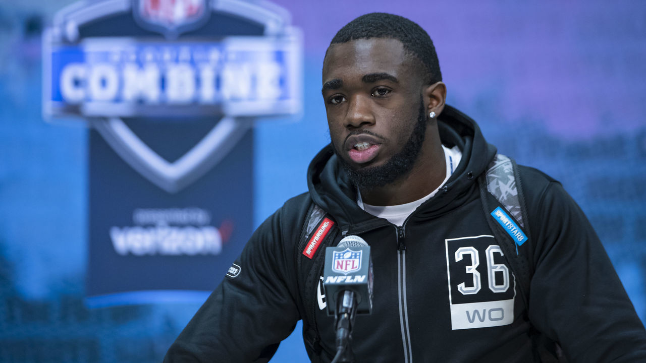 INDIANAPOLIS, IN - FEBRUARY 25: Denzel Mims #WO36 of the Baylor Bears speaks to the media at the Indiana Convention Center on February 25, 2020 in Indianapolis, Indiana. *** Local Capture *** Denzel Mims