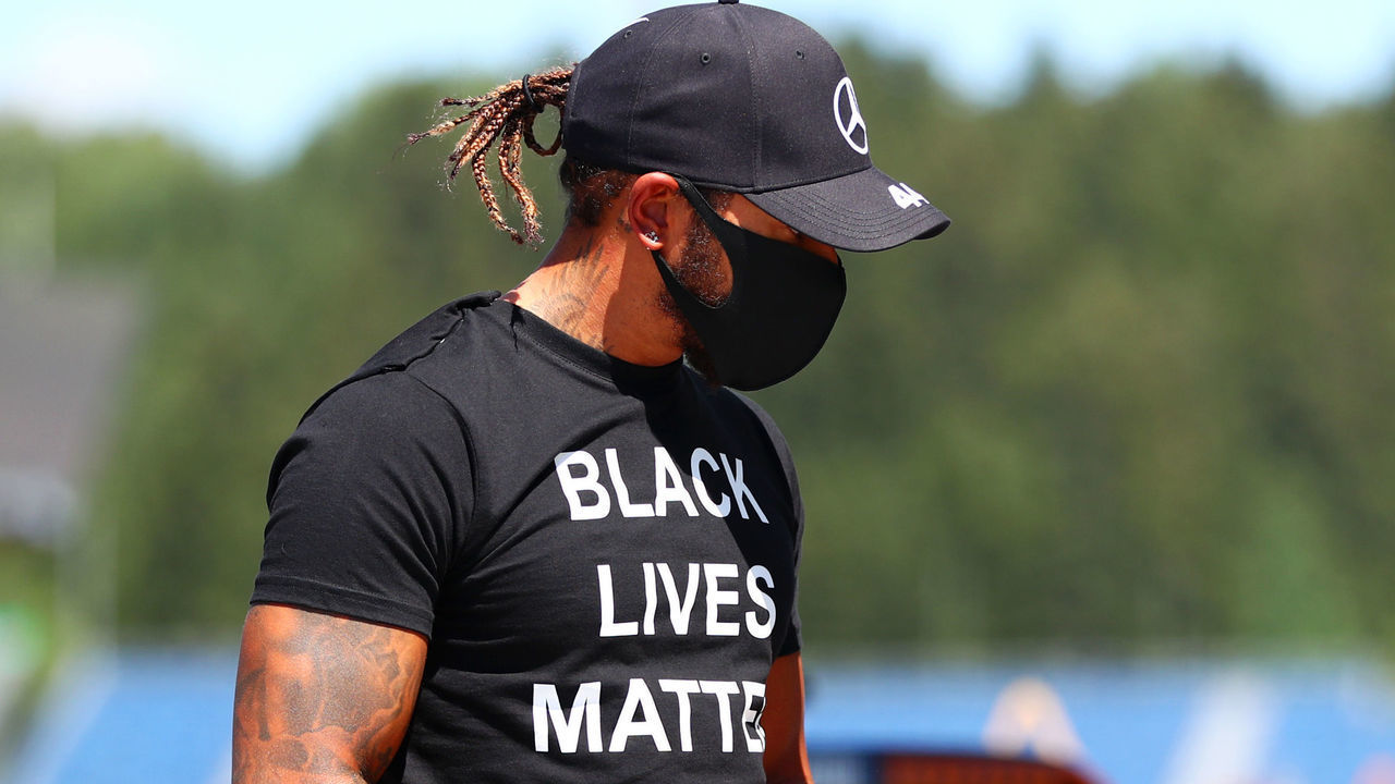 SPIELBERG, AUSTRIA - JULY 05: Lewis Hamilton of Great Britain and Mercedes GP is seen wearing a Black Lives Matter t-shirt before the Formula One Grand Prix of Austria at Red Bull Ring on July 05, 2020 in Spielberg, Austria.