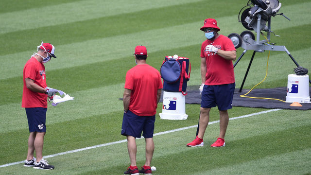 WASHINGTON, DC - JULY 03: Members of the Washington Nationals staff talk during the Washington Nationals Summer Workouts at Nationals Park on July 03, 2020 in Washington, DC.