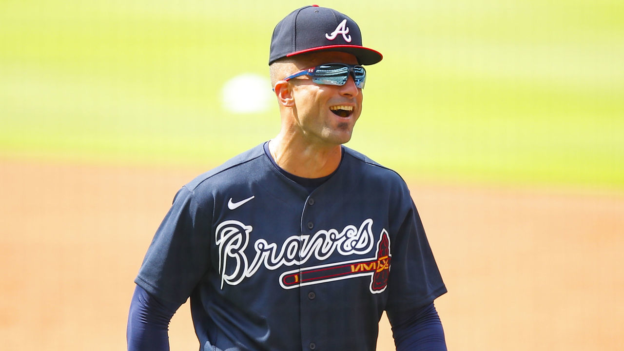 ATLANTA, GA - JULY 03: Nick Markakis #22 of the Atlanta Braves reacts during the first day of summer workouts at Truist Park on July 3, 2020 in Atlanta, Georgia.