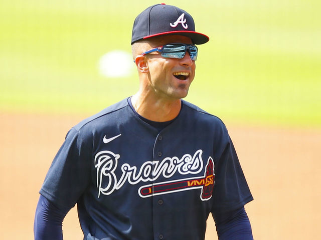 ATLANTA, GA - JULY 03: Nick Markakis #22 of the Atlanta Braves reacts during the first day of summer workouts at Truist Park on July 3, 2020 in Atlanta, Georgia.