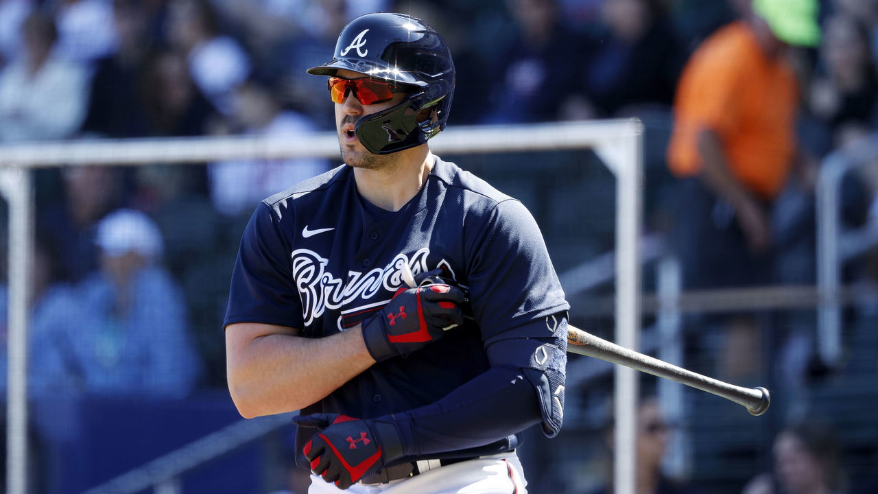 NORTH PORT, FL - FEBRUARY 22: Adam Duvall #23 of the Atlanta Braves looks on during a Grapefruit League spring training game against the Baltimore Orioles at CoolToday Park on February 22, 2020 in North Port, Florida. The Braves defeated the Orioles 5-0.