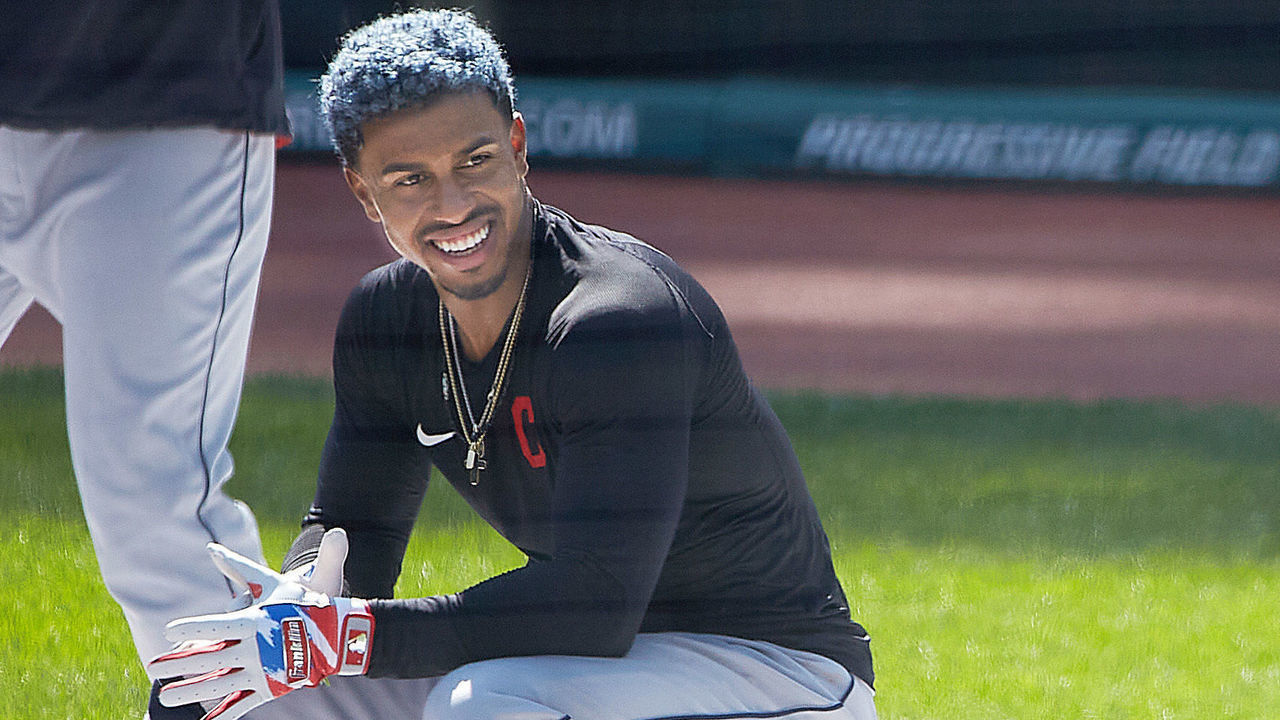 CLEVELAND, OHIO - JULY 04: In this handout image provided by the Cleveland Indians, Francisco Lindor #12 of the Cleveland Indians looks on during a summer workout in preparation for a shortened MLB season due to the coronavirus (COVID-19) pandemic at Progressive Field on July 04, 2020 in Cleveland, Ohio.