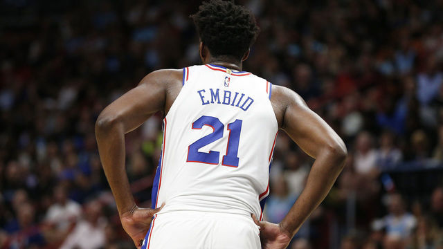 MIAMI, FLORIDA - DECEMBER 28: A detail of Joel Embiid #21 of the Philadelphia 76ers jersey against the Miami Heat during the first half at American Airlines Arena on December 28, 2019 in Miami, Florida. NOTE TO USER: User expressly acknowledges and agrees that, by downloading and/or using this photograph, user is consenting to the terms and conditions of the Getty Images License Agreement.