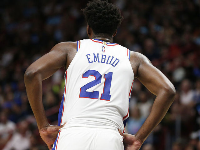 MIAMI, FLORIDA - DECEMBER 28: A detail of Joel Embiid #21 of the Philadelphia 76ers jersey against the Miami Heat during the first half at American Airlines Arena on December 28, 2019 in Miami, Florida. NOTE TO USER: User expressly acknowledges and agrees that, by downloading and/or using this photograph, user is consenting to the terms and conditions of the Getty Images License Agreement.