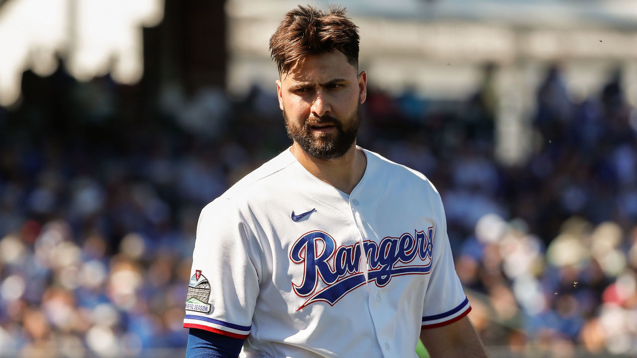 SURPRISE, AZ - MARCH 08: Texas Rangers center fielder Joey Gallo (13) looks on during the spring training MLB baseball game between the Los Angeles Dodgers and the Texas Rangers on March 8, 2020 at Surprise Stadium in Surprise, Arizona.