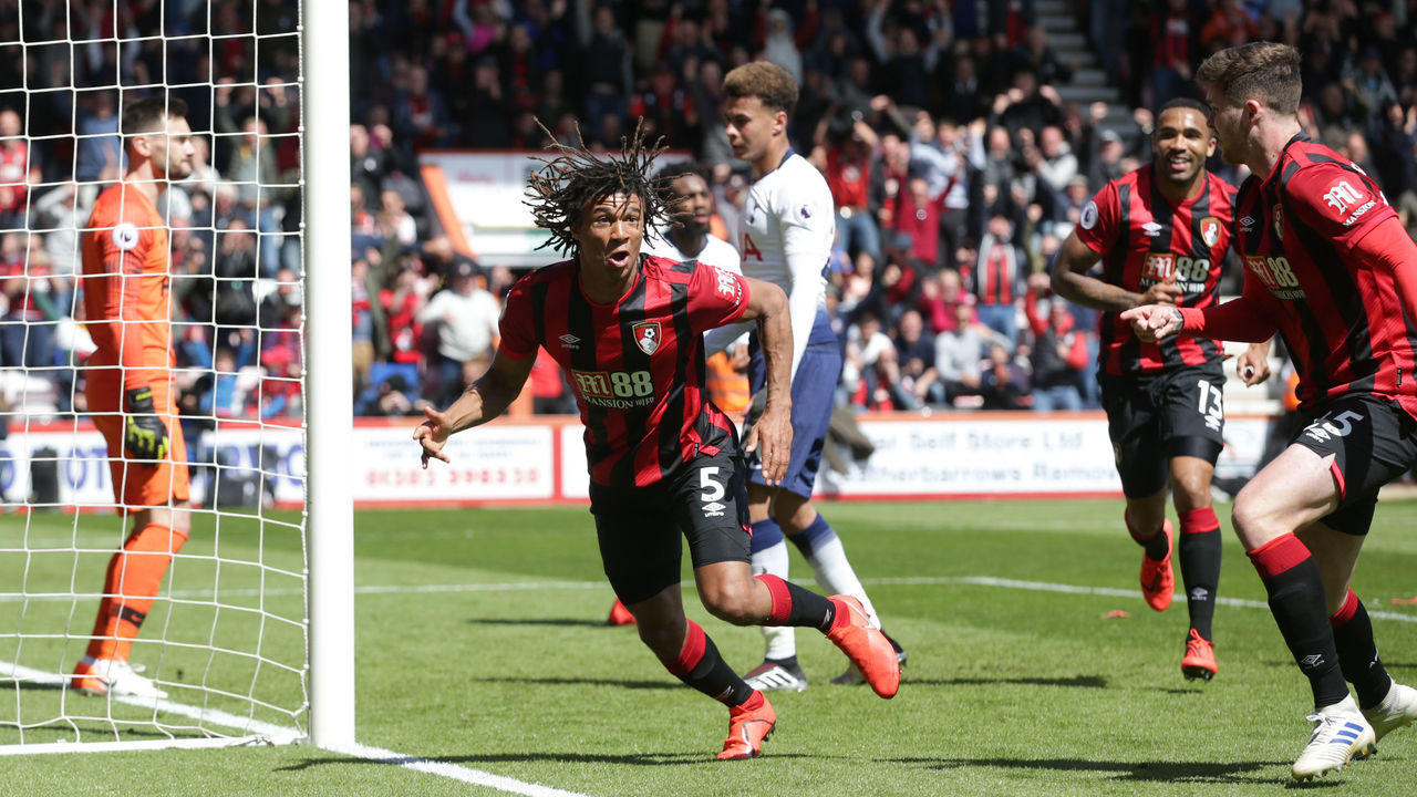 BOURNEMOUTH, ENGLAND - MAY 04: Nathan Ake of Bournemouth celebrates after he scores a goal to make it 1-0 during the Premier League match between AFC Bournemouth and Tottenham Hotspur at Vitality Stadium on May 04, 2019 in Bournemouth, United Kingdom.