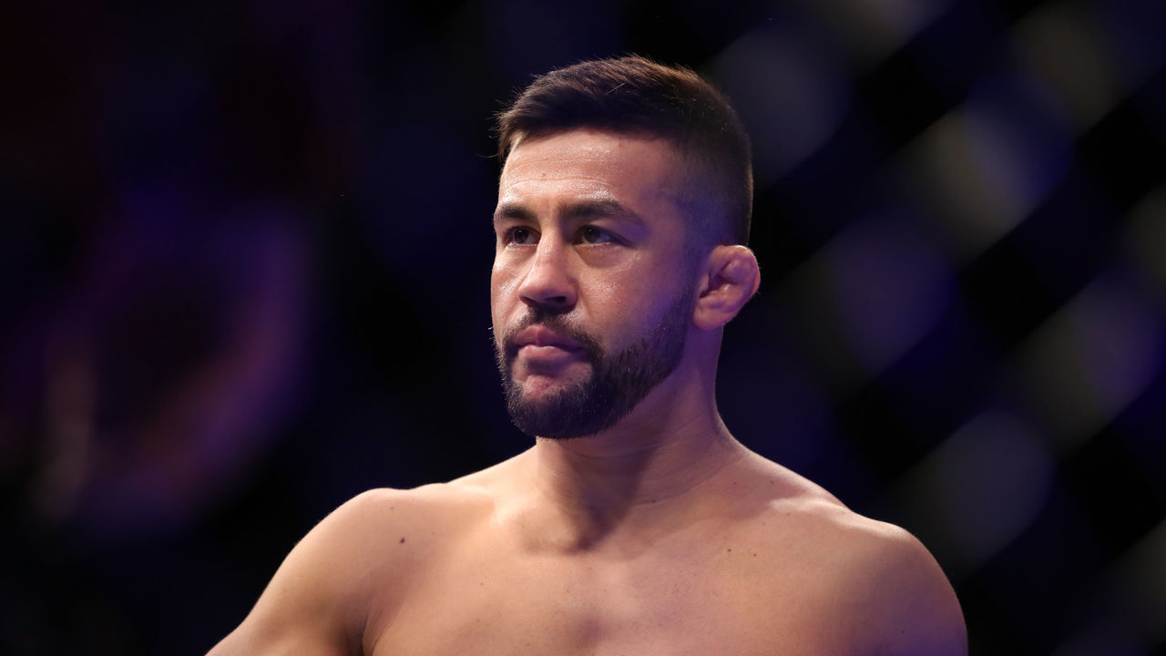 LAS VEGAS, NV - MARCH 02: Pedro Munhoz of Brazil eyes his oppnent in the octagon in his bantamweight bout during the UFC 235 event at T-Mobile Arena on March 2, 2019 in Las Vegas, Nevada.