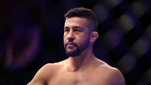 LAS VEGAS, NV - MARCH 02: Pedro Munhoz of Brazil eyes his oppnent in the octagon in his bantamweight bout during the UFC 235 event at T-Mobile Arena on March 2, 2019 in Las Vegas, Nevada.