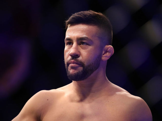 LAS VEGAS, NV - MARCH 02: Pedro Munhoz of Brazil eyes his oppnent in the octagon in his bantamweight bout during the UFC 235 event at T-Mobile Arena on March 2, 2019 in Las Vegas, Nevada.