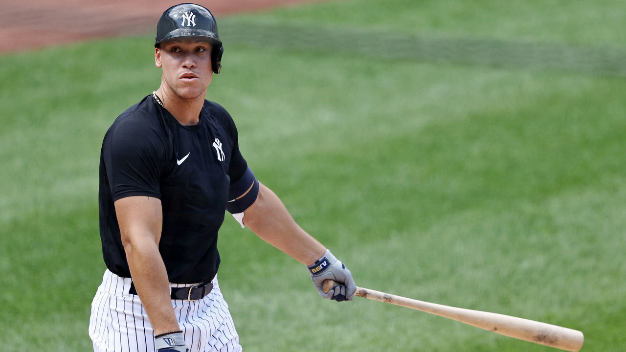 NEW YORK, NEW YORK - JULY 04: Aaron Judge #99 of the New York Yankees hits during summer workouts at Yankee Stadium on July 04, 2020 in the Bronx borough of New York City.