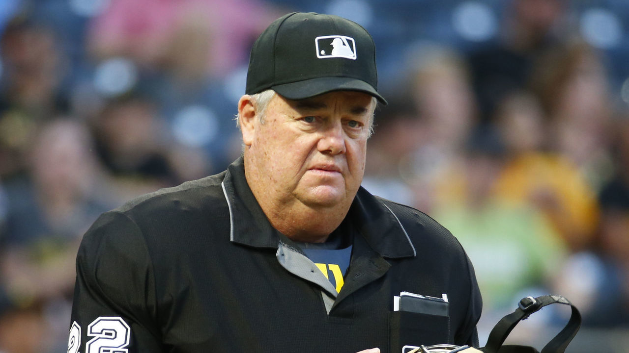 PITTSBURGH, PA - AUGUST 06: Home plate umpire Joe West in action during the game between the Pittsburgh Pirates and the Milwaukee Brewers at PNC Park on August 6, 2019 in Pittsburgh, Pennsylvania.
