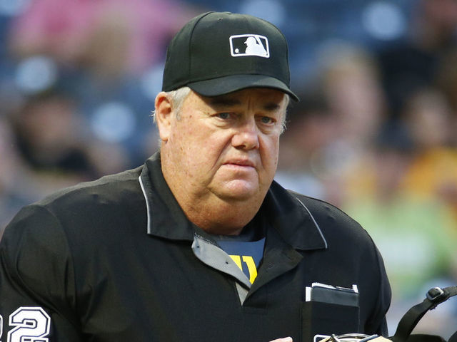 PITTSBURGH, PA - AUGUST 06: Home plate umpire Joe West in action during the game between the Pittsburgh Pirates and the Milwaukee Brewers at PNC Park on August 6, 2019 in Pittsburgh, Pennsylvania.