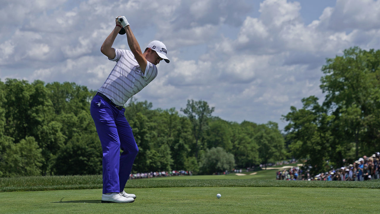DUBLIN, OHIO - MAY 31: Justin Thomas plays a shot during the second round of The Memorial Tournament Presented By Nationwide at Muirfield Village Golf Club on May 31, 2019 in Dublin, Ohio.