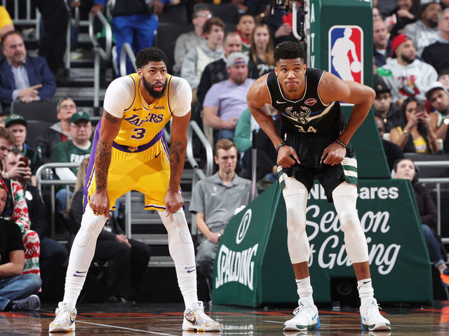 MILWAUKEE, WI - DECEMBER 19: Anthony Davis #3 of the Los Angeles Lakers and Giannis Antetokounmpo #34 of the Milwaukee Bucks look on during a game on December 19, 2019 at the Fiserv Forum Center in Milwaukee, Wisconsin. Mandatory Copyright Notice: Copyright 2019 NBAE .
