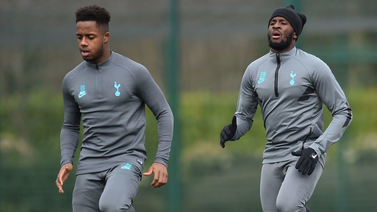 Tottenham Hotspur's English midfielder Ryan Sessegnon (L) and Tottenham Hotspur's French midfielder Tanguy Ndombele attend a team training session at Tottenham Hotspur's Enfield Training Centre, in north London on March 9, 2020, ahead of their UEFA Champions League Last 16 second-leg football match against RB Leipzig.